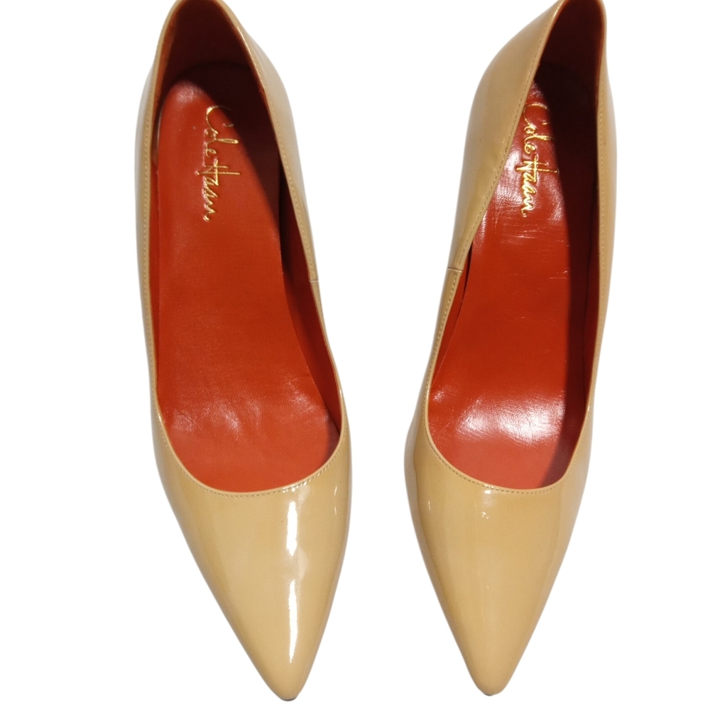 Cole Haan Tan Patent Leather Pointed Toe Pump Classic Wood Heel Sz 10.5B